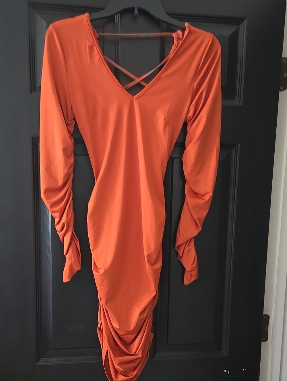 SHEIN Orange Long Sleeve Ruched V-Neck Dress